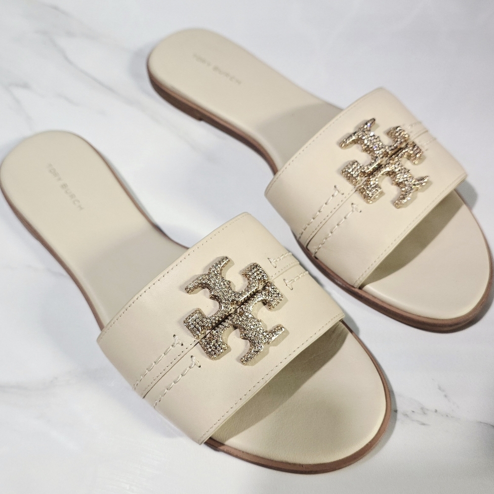 Tory Burch Everly Leather Slide DulceDe Leche Crystal Gold. Size 9